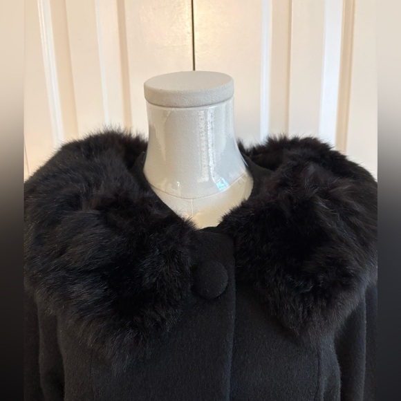 FABULOUS! FABULOUS! Vintage 50’s/60’s Black Wool Faux Fur Trim Coat, Size S, EUC - Picture 3 of 8